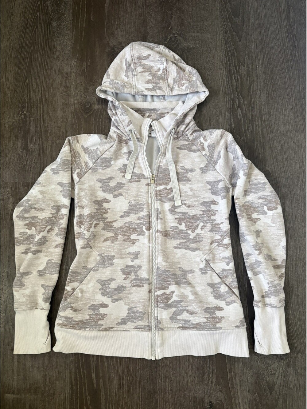 Athleta Triumph Printed Full Zip Hoodie Grey Gypsum Camo Size M Thumbholes